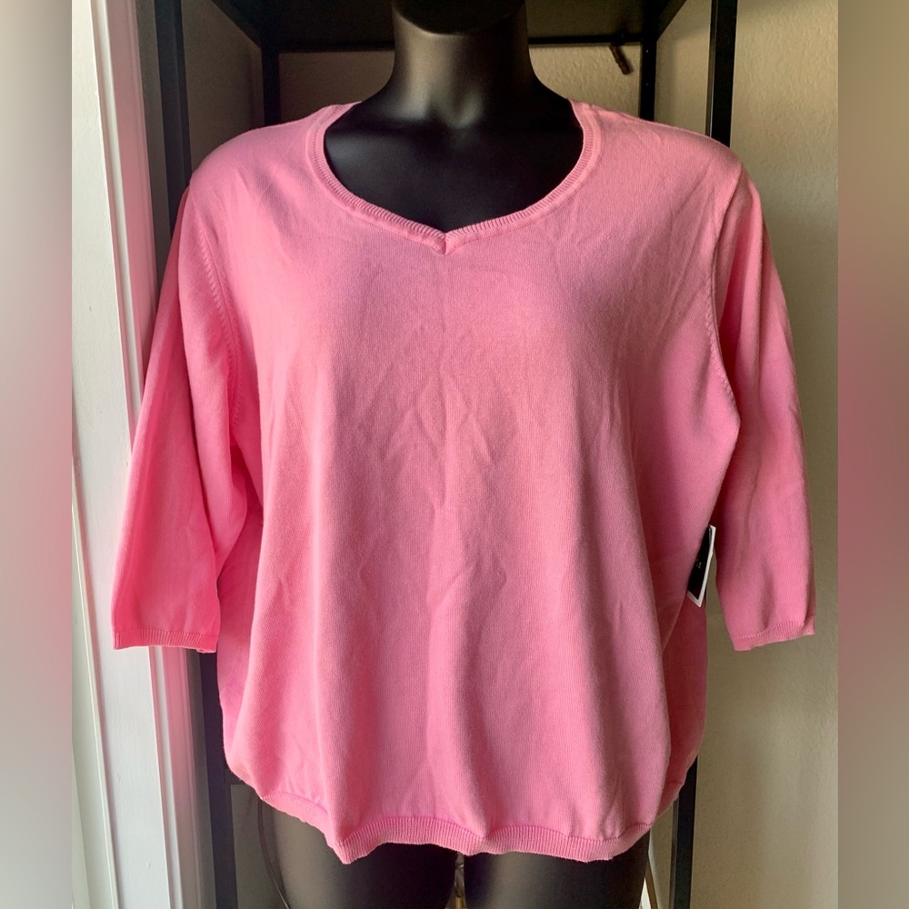 NWT Sag Harbor Women’s Soft Pink Cotton Knit Sweater Top 3/4 Sleeve V-Neck Blush